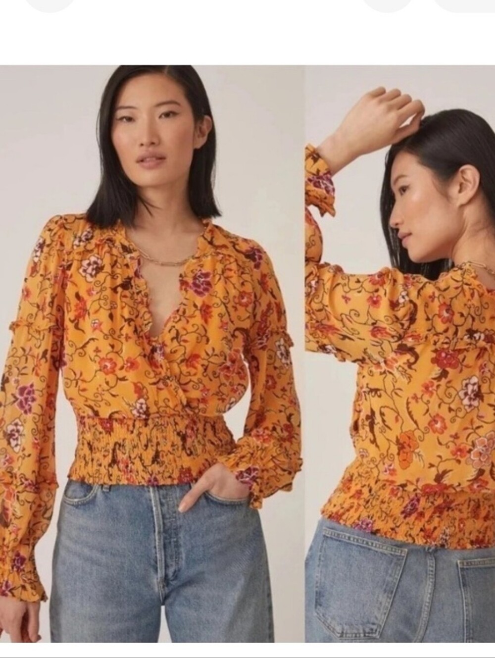Anthropologie Golden Floral V-Neck Smocked-Waist Blouse